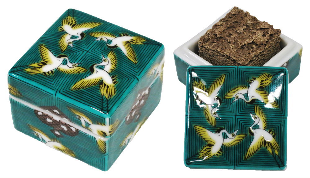 伝統工芸九谷焼 G-CUBE 香箱 鶴かるた文