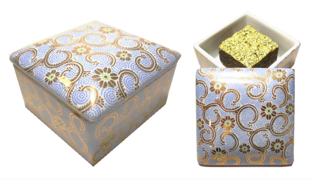 伝統工芸九谷焼 G-CUBE 香箱 唐草五彩 青色