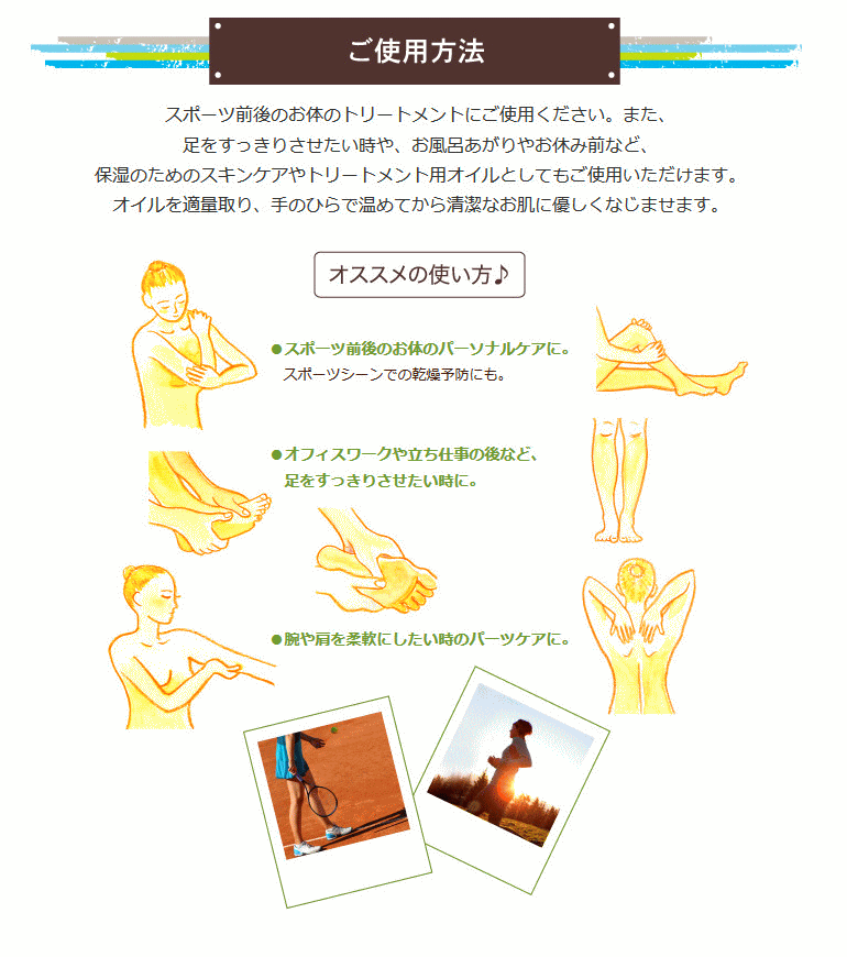 アロマベラ マッサージオイル for sports 使用方法